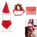 Cat Santa Christmas Hat + Muffler + Elk Antler Reindeer Hat + Mini Xmas Card with Slider Storage Bag, Head Wear Accesories Christmas Costume Outfits for Pet Dog Cat Rabbit(Pack of 4 Pcs)