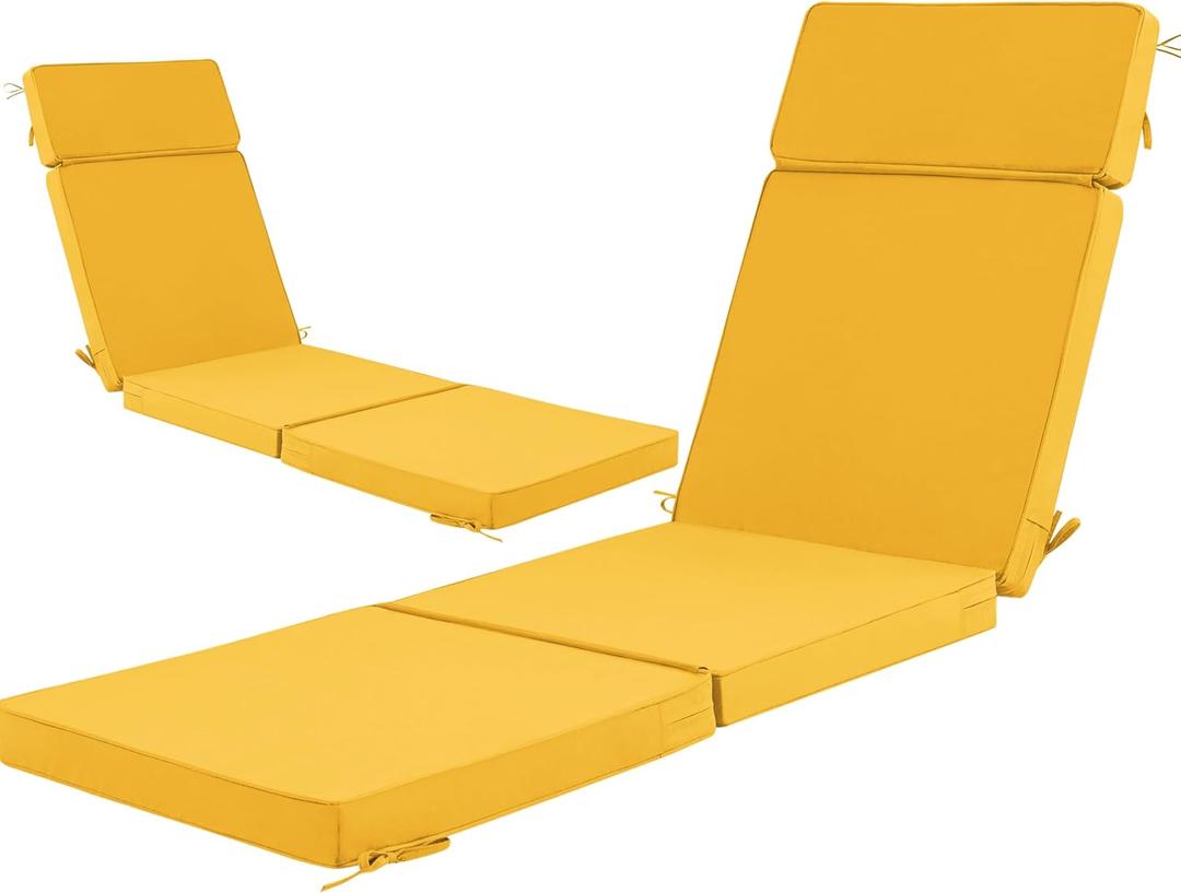 72 x 21 Inch Outdoor Chaise Lounge Cushions Set of 2 - Removable Cover, 4-Section Design, Water-Repellent & Fade-Resistant, 6 Tie Straps, Replacement for Patio & Pool Chairs - Yellow, 72''x21'' | 2 Pack