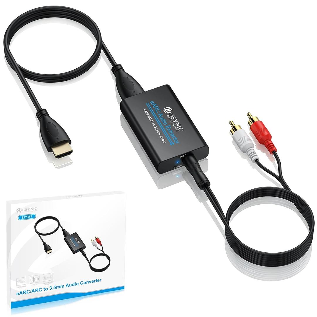 eSynic 7 FT Long eARC/ARC Audio Extractor-Plug & Play-Only Work For HDTV ARC/eARC Interface-192KHZ ARC to RCA&3.5MM Aux Adapter From HDTV to 3.5MM Headphone&L/R Stereo Audio System-No Optical Soundbar