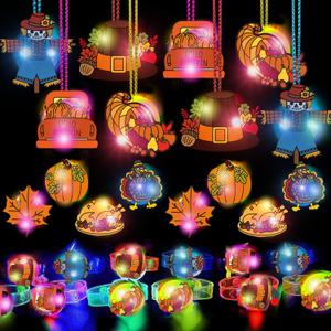 24Pcs Thanksgiving Party Favors Bulk, 8 Rings, 8 Necklaces, 8 Bracelets, Glow in The Dark Thanksgiving Party Supplies, Pumpkin Exchange Gift Set Goodie Bag Fillers