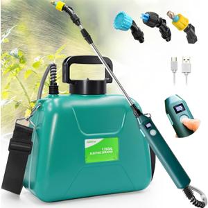 1.35 Gallon/5L Battery Powered Sprayer, Electric Sprayer with USB Rechargeable Handle, Battery Indicator, Garden Sprayer with Telescopic Wand, 3 Nozzles, Adjustable Shoulder Strap (Green)