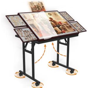 Doerpuz Puzzle Table with Folding Legs, 1500 Pieces Puzzle Table for Adults with Drawers, Cover, Wheels, 5 Adjustable Up Angles Wooden Jigsaw Puzzle Board for All Ages