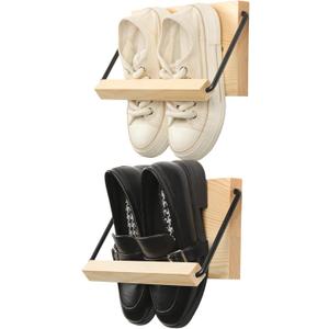 Mifoci 2 Pcs Wall Mounted Shoe Rack Organizer Wooden Modern Compact Wall Space Saving Shoe Holder Storage for Sneaker Footwear Slipper Boots Entryway Narrow Spaces Hallway(9.84'' Long)