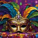 Mardi Gras Backdrop Purple Gold Colorful Feather Mask Carnival Masquerade Dancing Party Photography Background Adults Kids Dress-Up Prom Birthday Decorations Banner Supplies Props (7x5FT)