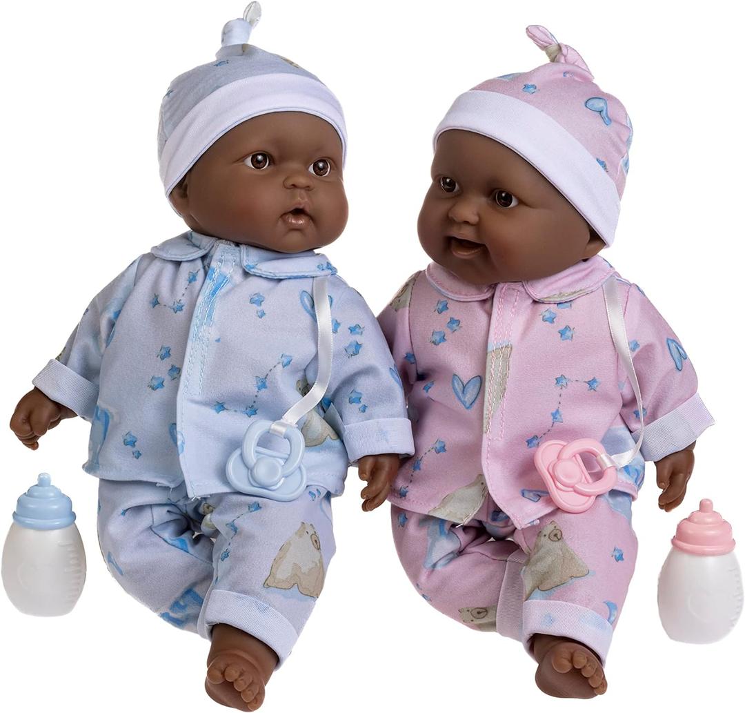 JC Toys Twins 13" Realistic Soft Body Baby Dolls Berenguer Boutique | Twins Gift Set with Removable Outfits and Accessories | Pink and Blue | African American | Ages 2+