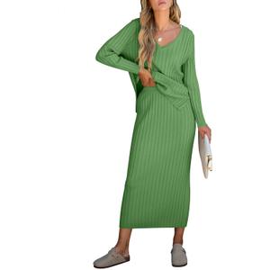 ANRABESS Women's 2 Piece Outfits Sweater Skirt Sets Casual Long Sleeve V Neck Ribbed Knit Tops Midi Dress 2025 Fall Fashion (Green, M)