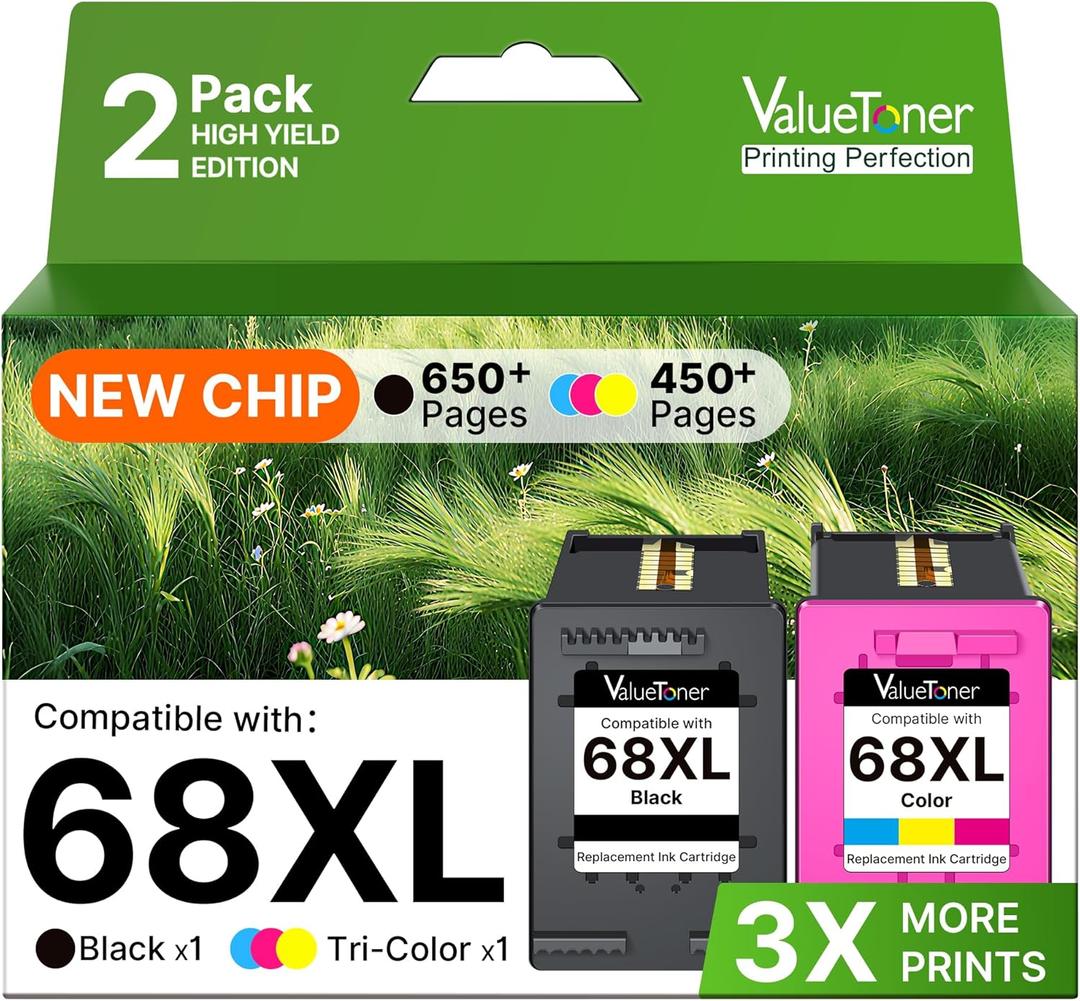 68XL Ink Cartridges Black & Color Combo Pack for HP Ink 68 68XL 68 XL Replacement for HP 68XL 68 Ink Cartridges Compatible with Envy 6155e 6555e 6152e 6552e 6558e 6165e (2 Pack, 1 Black, 1 Tri-Color)