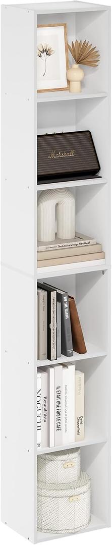Furinno LUDER Book Shelf, 6-Tier Tall Modern Bookshelf, Bookcase with Open Shelves, 9.3 x 12 x 71, for Living Room, Bedroom, Home Office, White, 6-tier, 12.1-inch Width
