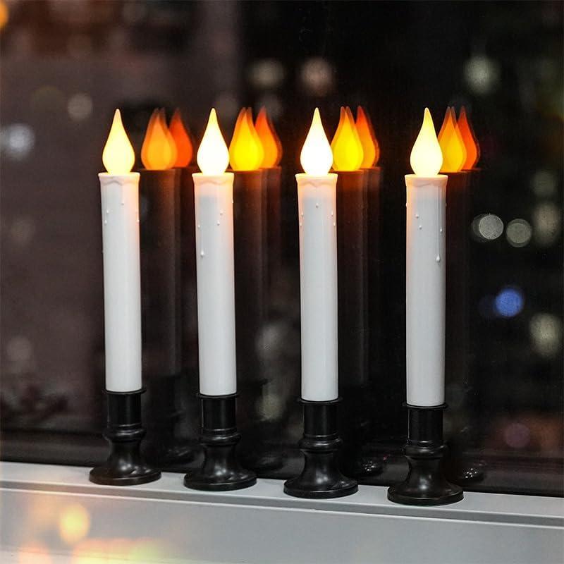 Window Candles with Dusk to Dawn Light Sensor, Battery Operated Candlesticks Long-Lasting 20+ Days, Flameless Taper Candles Flickering with Black Holders for Christmas Windows (4 Pack, 9 inch)