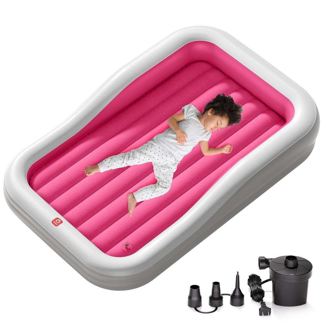 QPAU Larger Inflatable Toddler Travel Bed, Portable Kids Air Mattress with Built-in Bumpers, Fast Electric Pump, Separate Mattress Design, for Home, Grandma's, Camping, and Vacation, Red