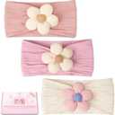 CÉLLOT 3 Pcs Baby Girl Headbands with Flower Nylon Headbands Soft Stretchy Headwear Hair Accessories for Newborn Infant Toddler Kids (Pink Beige Salmon)
