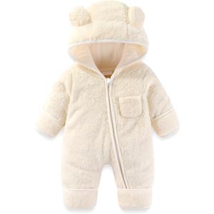 Newborn Baby Bear Outfit With Fold-Over Mittens and Footies Girls Boys Winter Fleece Clothes Hooded Romper Snowsuit (0-3 Months, Beige White)