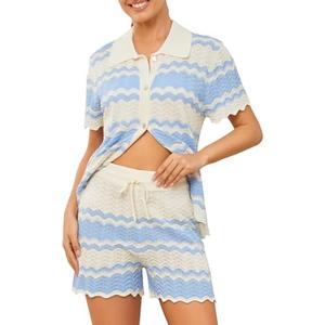 Moreone 2 Piece Lounge Set Women Short Sleeve Striped Crochet Knit Sets Two Piece Button Up Pajamas with Drawstring Shorts, L