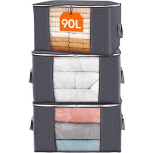 Lifewit 90L Large Storage Bags, Closet Organizers and Storage, Clothes Storage Bins with Lids, Foldable Storage Containers with Reinforced Handles for Clothing, Blanket, Bedding, Comforter 3 Pack Gray