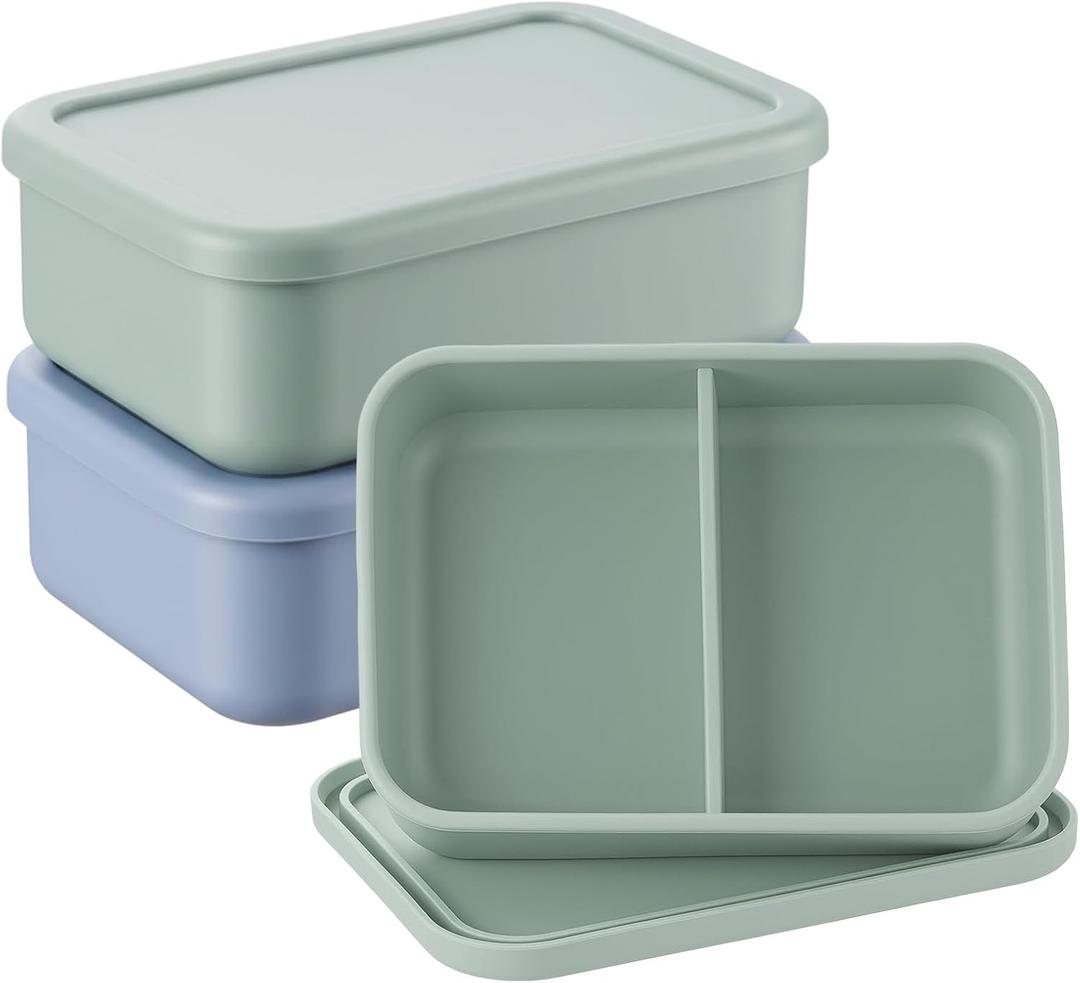 Layhit 2 Pcs Silicone Bento Box for Adults, 27 oz Bento Lunch Container Reusable 2 Compartment Lunchable Food Container for Women Men, Leak Proof Microwave Dishwasher Freezer Safe (Gray Blue,Green)