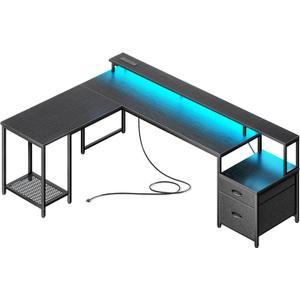 PRAISUN 66" L Shaped Gaming Desk with LED Lights & Power Outlets, Computer Desk with Fabric Drawers and Print Stand, Corner Office Desk, Monitor Stand, Mesh CPU Stand, Black