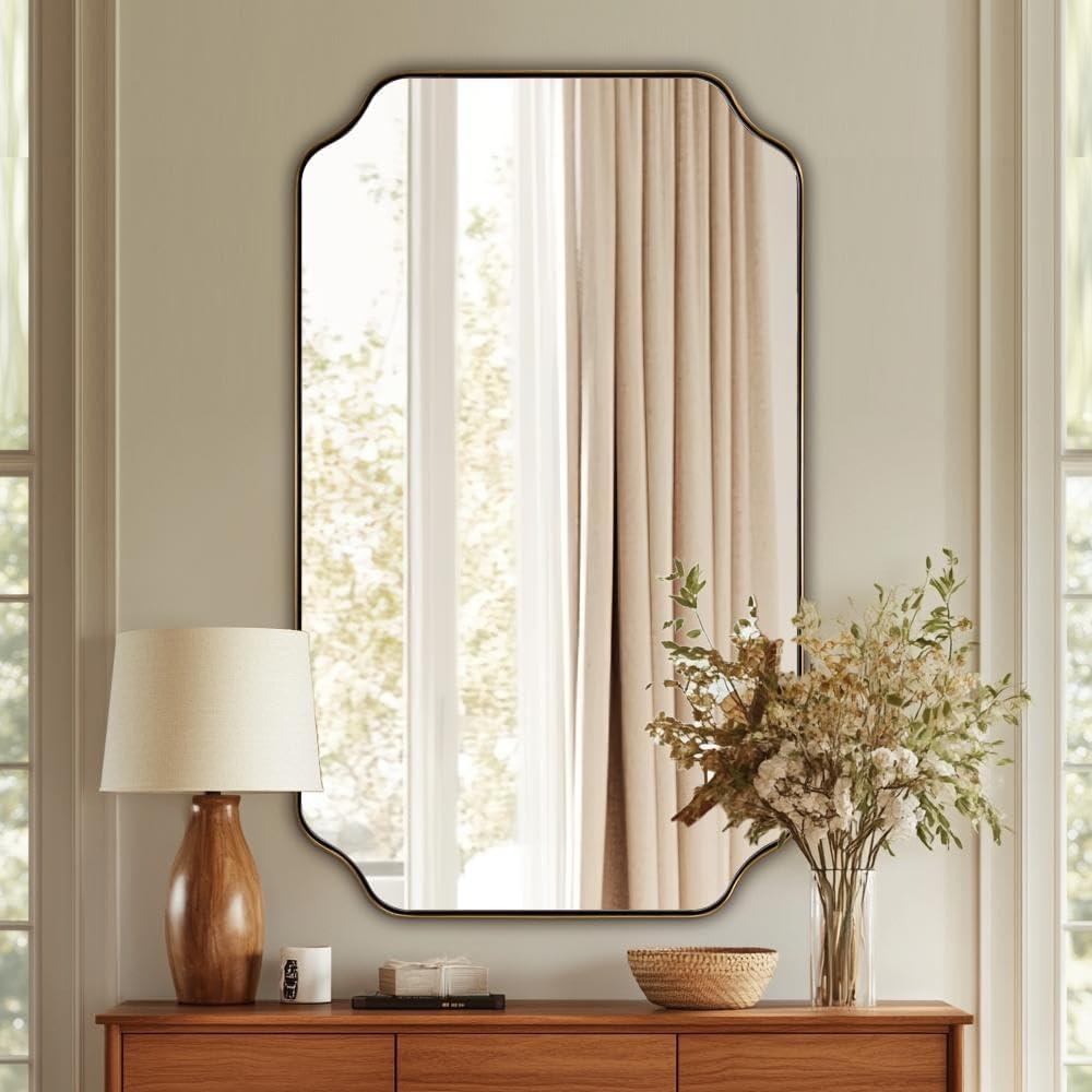 ANDY STAR 24"x40" Gold Mirror, Brushed Brass Scalloped Wall Mirror, Unique Rectangle Mirror, Bathroom Vanity Mirror in Anti-Rust Stainless Steel Metal Frame 1’’ Deep, Hangs Vertically/ Horizontally
