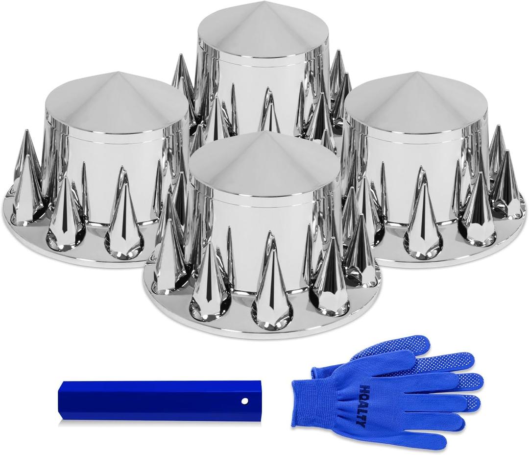 Chrome Pointed 4 Rear Axle Cover Kit with 32mm/33mm Spike Screw-on Lug Nut Covers with Removable Hub Caps for Semi Truck (Installation Tool Included)
