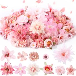 80 Pcs Assorted Fake Flower Heads Mini Artificial Flower Heads Bulk Silk Faux Daisy for Crafts Fake Peony Rose for Wedding Party Wreath Home Decoration(Pink)