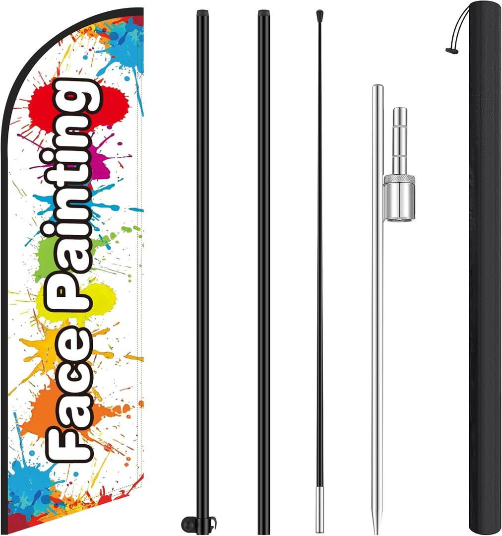 HunnmingRe 11.2 ft Face Painting Feather Flag with Pole - Windless Flag Banner with Ground Stake Outdoor Advertising Banner for Business(1 Pcs, Multicolor)