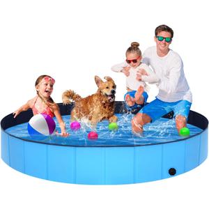 Foldable Dog Pool - 71" x 12" Anti-Slip Portable Dog Swimming Pool, Hard Plastic Collapsible Kiddie Pool for Outdoor and Indoor for Pets Dogs Cats and Kids (Blue)