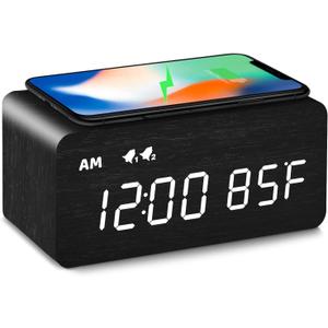 MOSITO Digital Wooden Alarm Clock with Wireless Charging, 0-100% Dimmer, Dual Alarm, Weekday/Weekend Mode, Snooze, Wood LED Clocks for Bedroom, Bedside, Desk, Kids (Black)