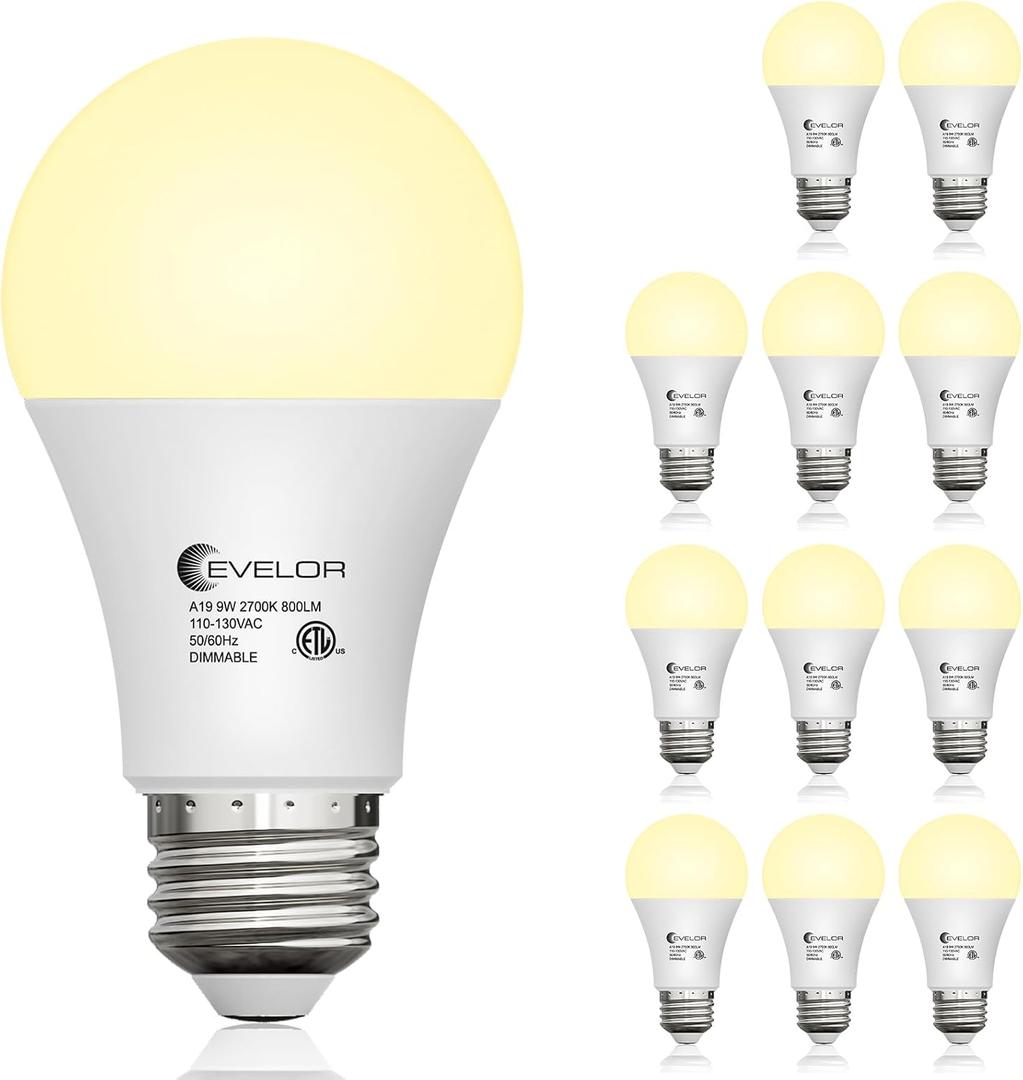 2 x evelor 12-Packs A19 LED Light Bulbs,Soft White 2700K,Dimmable,E26 Base,9W