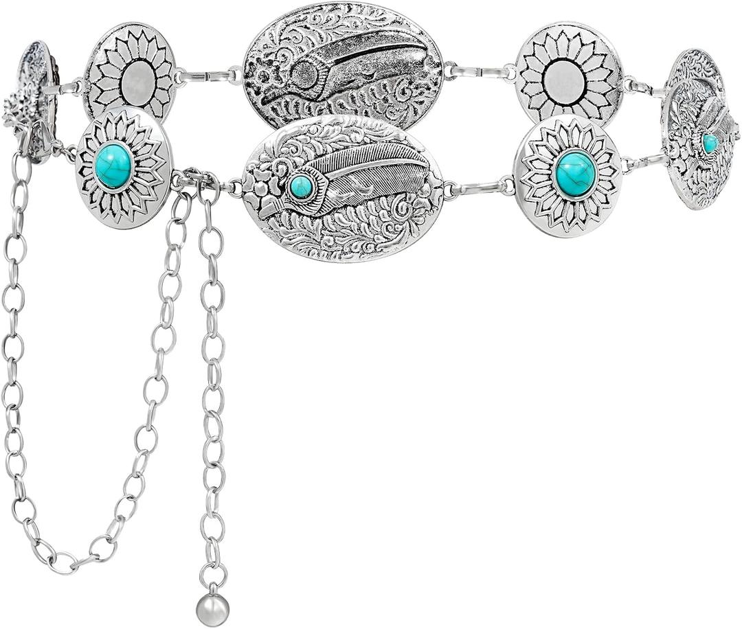 Kajeer Western Chain Belts, Women Concho Belt Turquoise Cowgirl Country Silver Country Waist Belts for Dresses Jean