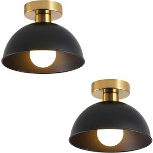 2 Pack Semi Flush Mount Ceiling Light with Gold Plate and Matte Black Shade, Farmhouse Ceiling Light Fixture for Kitchen Island Foyer Hallway Porch(2 Pack Black)