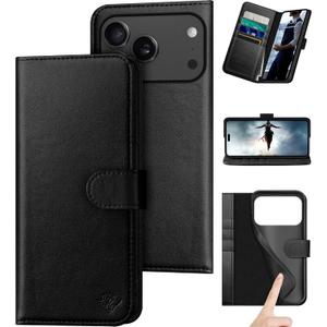 DuckSky Compatible with iPhone 17 Pro 6.3" Genuine Leather Wallet caseRFID Blocking4 Credit Card HolderReal Leather Flip Phone case Cover Women Men for Apple 17 Pro case Black