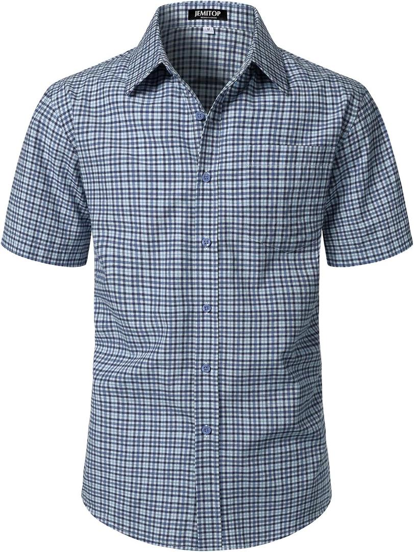 JEMITOP Mens Lightweight Slim Fit Short Sleeve Button Down Shirt Business Casual Plaid Dress Shirts with Pocket