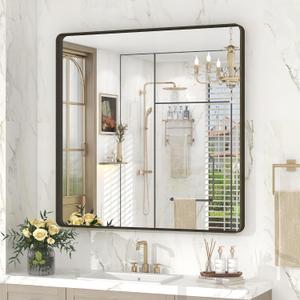 36x36 Inch Bronze Framed Bathroom Mirror, Rectangle Brushed Bronze Metal Vanity Mirror, Square Modern Wall Mirror, Rounded Corner, Tempered Glass, Anti-Rust, Shatterproof (Horizontal/Vertical)
