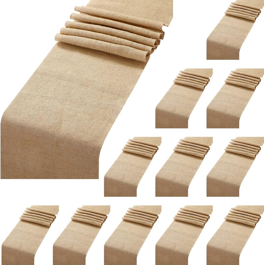 12 Pack Burlap Table Runners 12" x 108" Farmhouse Khaki Jute Runner Rustic Country Wedding Burlap Table Runners for Birthday Engagement Party Home Dining Kitchen Decorations