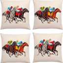 Kentucky Derby Throw Pillow Cover Run for The Roses Jockey Horse Racing Themed Party Decoration for Couch Sofa 18x18 Inch -Pack of 4