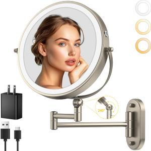 9" Wall Mounted Lighted Makeup Mirror, 4000mAh Rechargeable Double Sided 1X/ 10X Magnifying Mirror with Light, 3 Color Lights, Touch Dimmable, Extended Arm 360 Rotation Wall Mounted Makeup Mirror