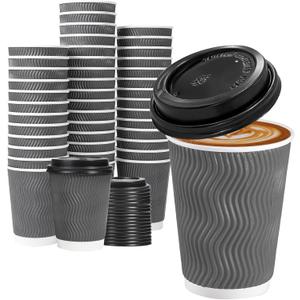Lamosi 50 Pack - 12 oz Insulated Disposable Coffee Cups with Lids, To Go Paper Coffee Cups with Lids, Corrugated Ripple Wall Cup for Hot Drink Office Coffee Bar (Gray)