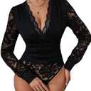 Everbellus Women Sexy Deep v Neck Bodysuit Tops Long Sleeve Lace Top Elegant Going Out Outfits, XL