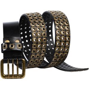 Punk Belt for Men Women Cowhide Leather Belts with 3 Grommet Retro Studded Metal Rivet Casual Belt for Rock Rap Jeans Dresses (30" to 36"Waist Adjustable, Black+bronze)