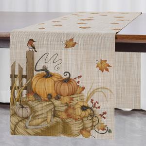 Thanksgiving Table Runner Fall Pumpkin Maple Leaves Table Runner Washable Non-Slip Heatproof Woven Seasonal Dining Table Decoration 12 x 70 Inch (Light Yellow6)
