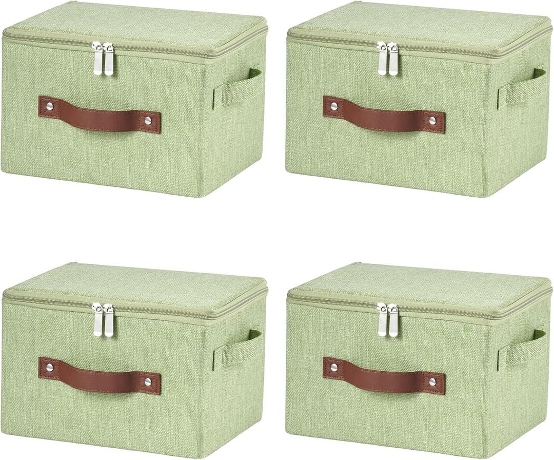 4 Pack Storage Bins with Zipper Lid Cotton Linen Fabric Lidded Storage Baskets Boxes Foldable Washable Closet Shelf Clothes Organizer Container with PU Leather Handles (Green, Small)