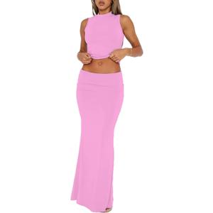 Skirt Sets Women 2 Piece Outfits Summer Going Out Y2K Outfits Two Piece Sleeveless Tank Crop Top Bodycon Maxi Skirts (Pink), XS