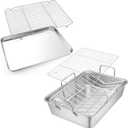 E-far Roasting Pan and Cookie Sheet with Rack Set, Stainless steel Turkey Roaster with Rack and Baking Pan, Deep Broiling Pan & V-shaped Rack, Rimmed Tray with Wire Rack, Non-toxic & Dishwasher Safe