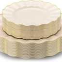 60Pcs Heavy Weight Ivory Plastic Plates with Gold Trim, Heavy Duty Wedding Plates, Elegant Disposable Plate Sets include 30 Dinner & 30 Dessert Plates for Party & Wedding(30 Guests)