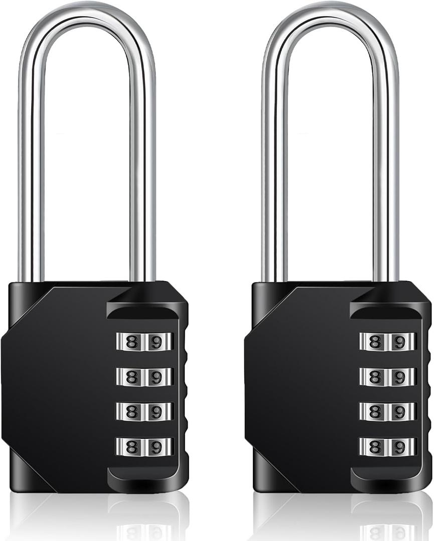 ZHEGE Long Shackle Padlock, 4 Digit Combination Lock, Resettable Weatherproof Combo Lock for School, Gym, Employee Locker, Outdoor, Fence (Black, 2 Pack)