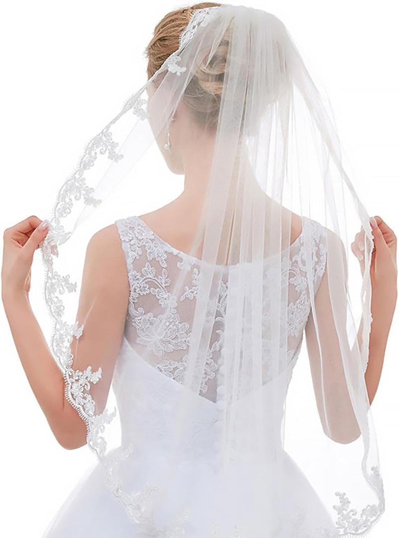 Lace Wedding Veil White Cathedral Veil 1 tier Tulle Floral Lace Fingertip Bridal Veils With Comb Gorgeous Wedding Veils for Brides