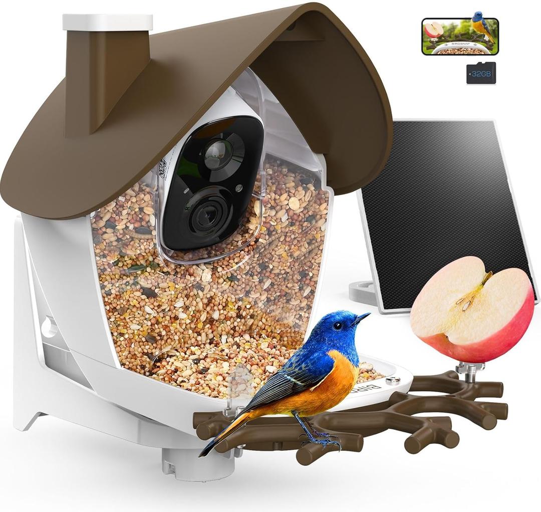birdsnap P33 - Bird Feeder with Camera Solar Powered, 2K Video Bird Camera Feeder Live with 32GB Card, AI Identify Feather Species, Auto Record in Backyard, for Birds Lover (Brown)
