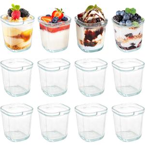 yarlung 12 Pack 5 Oz Glass Pudding Cups, Small Dessert Bowls Clear Custard Cups, Square Parfait Cups Tasting Glasses for Fruit Yogurt, Jelly, Ice Cream, Oat, Nut, Snack