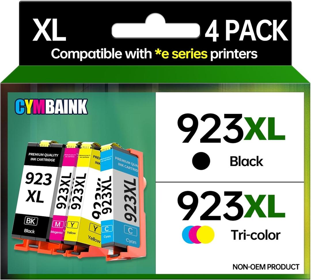 4Pack 923XL Ink Cartridge Combo Pac High-Yield - 1000 Black/800 Color Pages | with Chip | Compatible with Home, Office, School Printers | Replacement for OfficeJet 9110 9110b (923XL-4PACK)