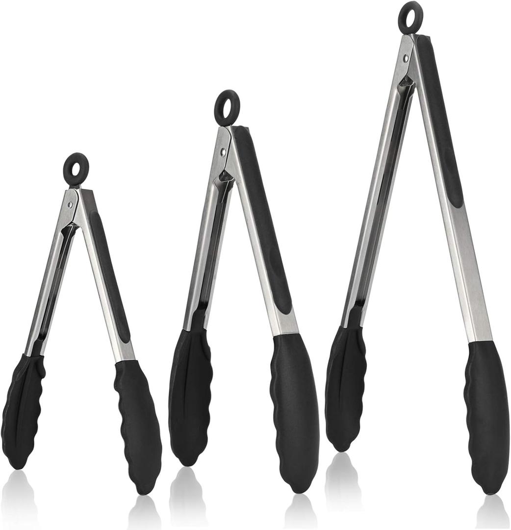 Kitchen Tongs, U-Taste 7/9/12 inches Cooking Tongs, with 600F High Heat-Resistant Non-Stick Silicone Tips, 18/8 Stainless Steel Handle, for Food Grill, Salad, BBQ, Frying, Serving, Pack of 3(Black)