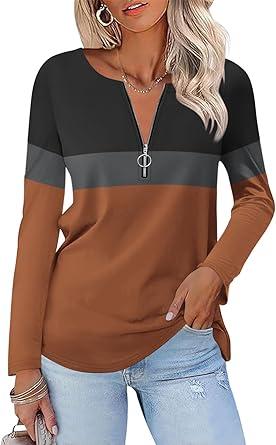 TICTICMISS Women's Long Sleeve Shirts Zipper Color Block V Neck Tunic Tops Casual Blouse, X-Large,Black-gray-brown